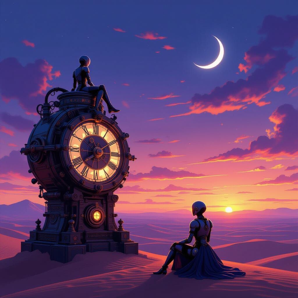 A solitary figure, a female robot, sits atop a colossal, ancient clockwork automaton that overlooks a vast, tranquil desert landscape at twi...