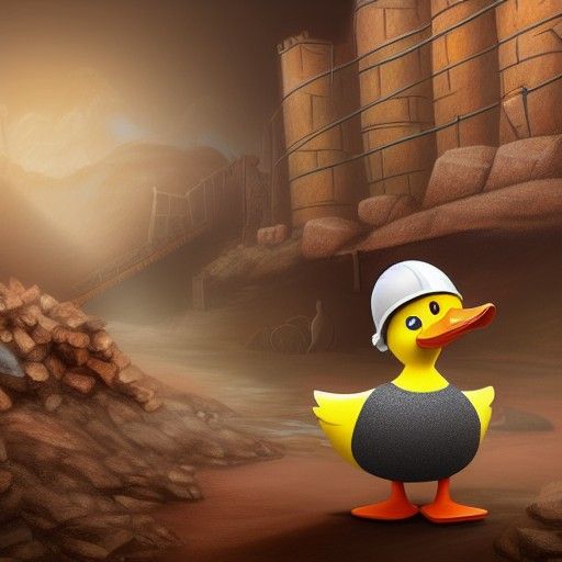 A cute, happy duck working in the mines, detailed matte pain...