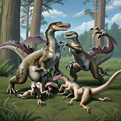"A pack of velociraptors with tiny arms working together to ...