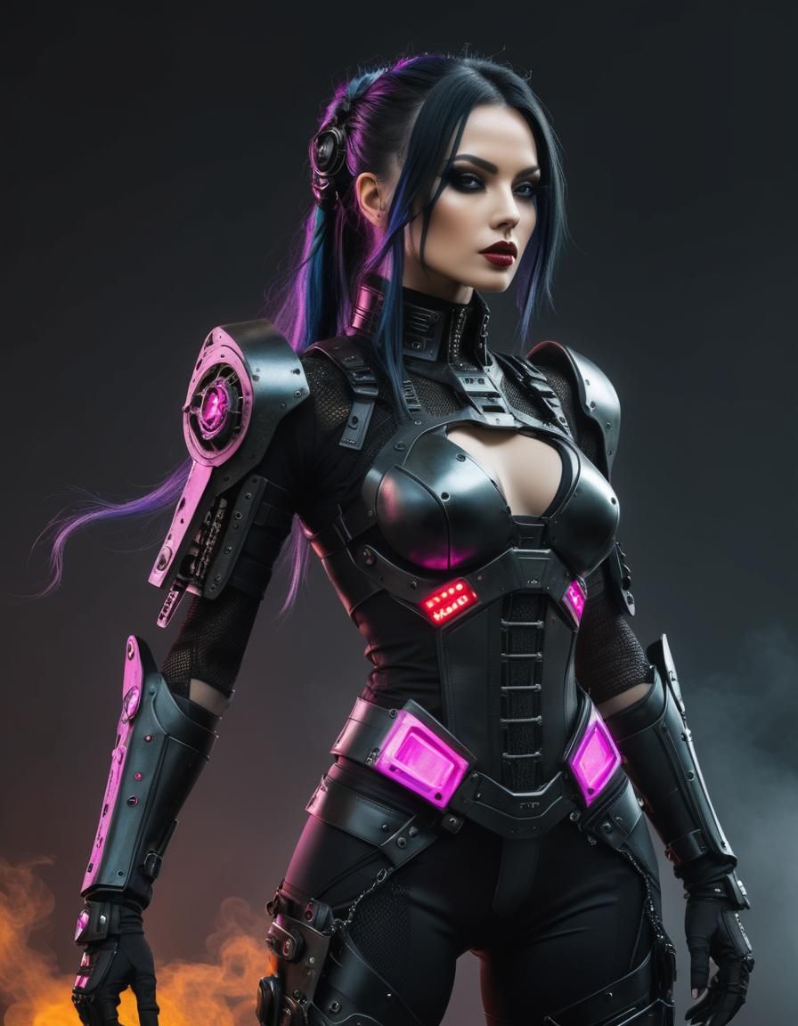 Cyberpunk Woman with Mecha Arm in Neon Cityscape
