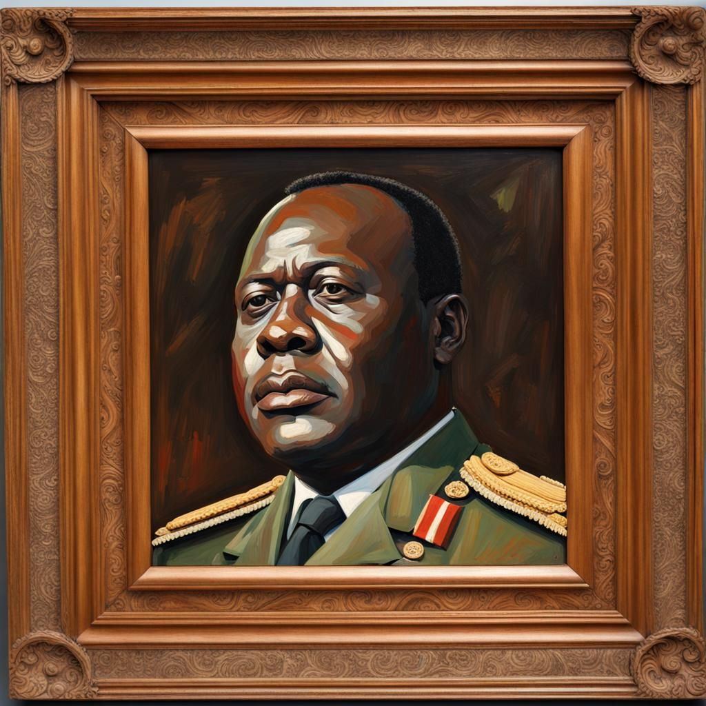 Oil painting portrait of Idi Amin. Has elaborately carved wooden frame ...