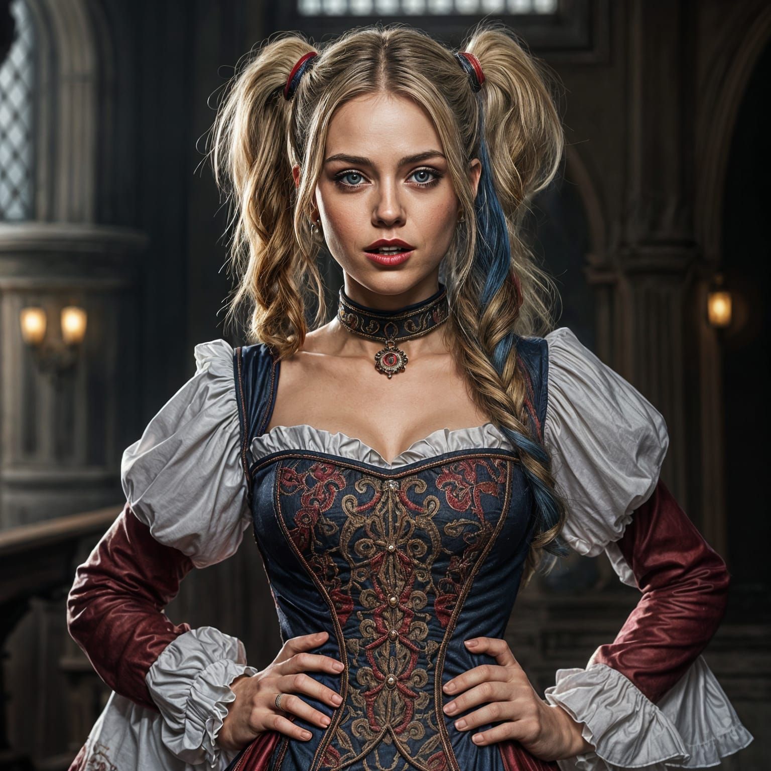 Elegant Medieval Seductress Yawns with Hands on Hips in Cast...