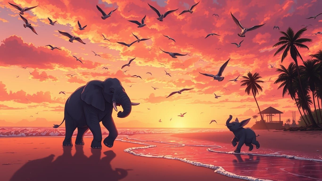 Animals happy on the sunset beach