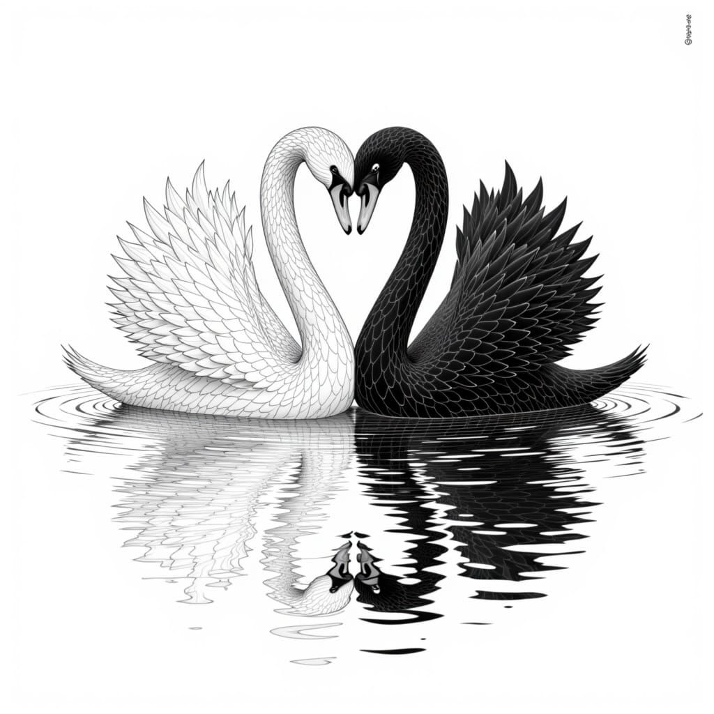  <lora:The Swan of Red:1.0> black swan white swan mc escher