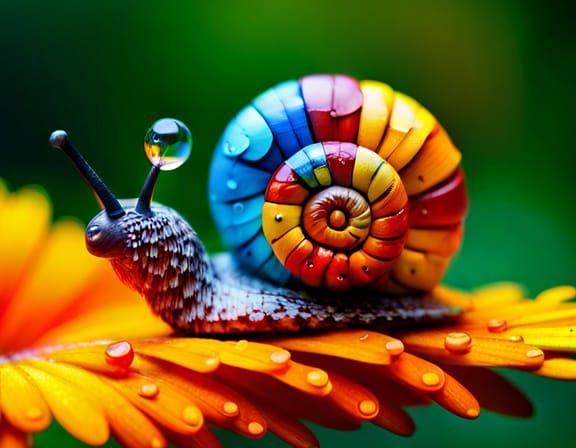 🐌 Cute Fantasy Snail on Leaf with Rain Drops; swirly quilled colorful   by @Mairi Thompson