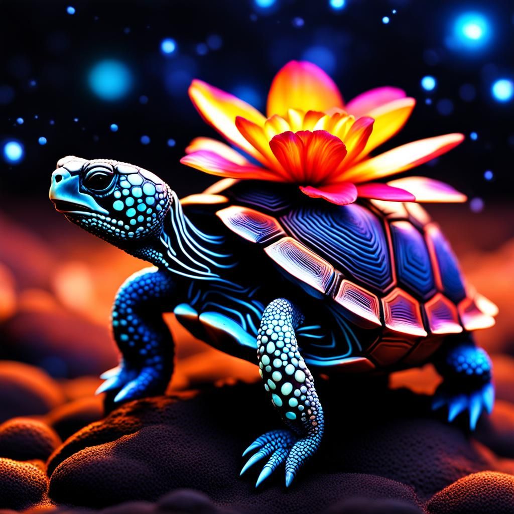 tortoise with neon flower growing from his shell - AI Generated Artwork ...