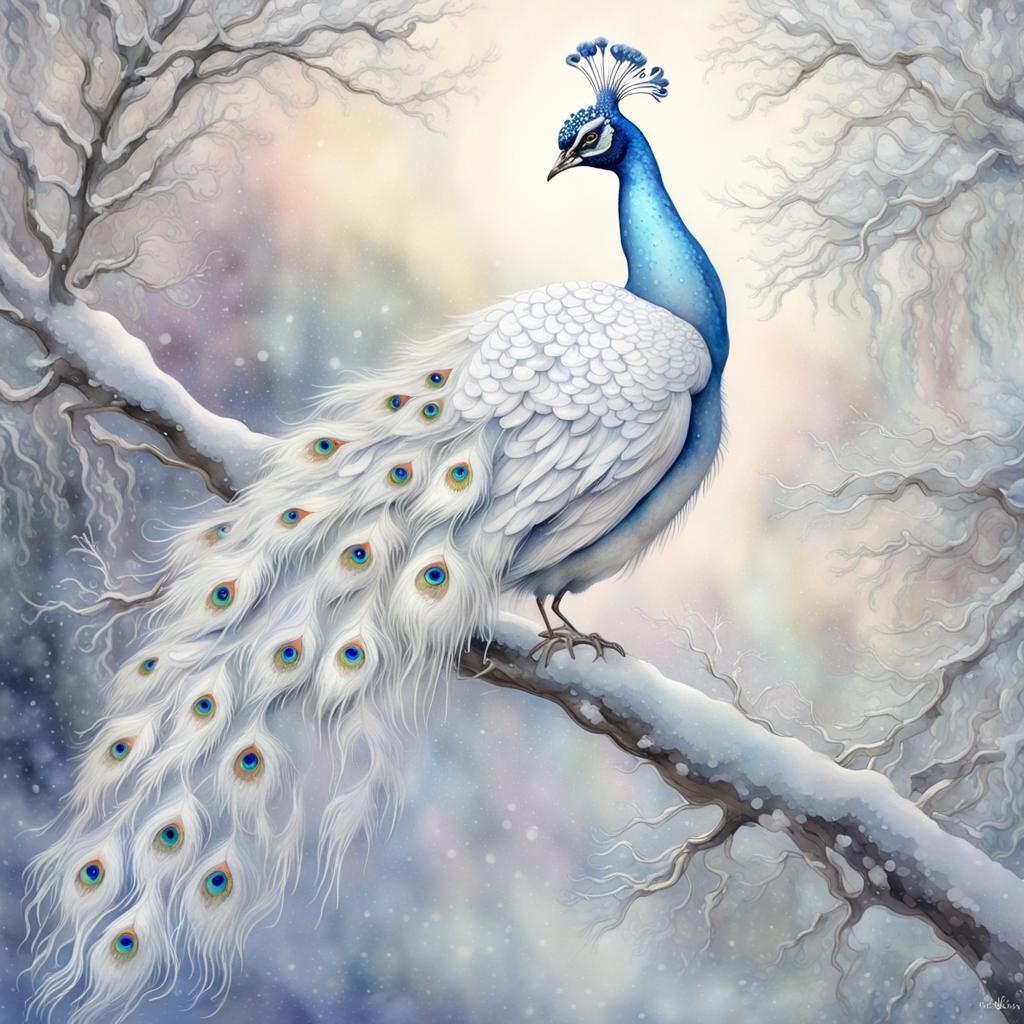 Dreamy cloudy effect romantic Victorian very large white peacock with icy snow background, sitting on ...  by @WangZhe