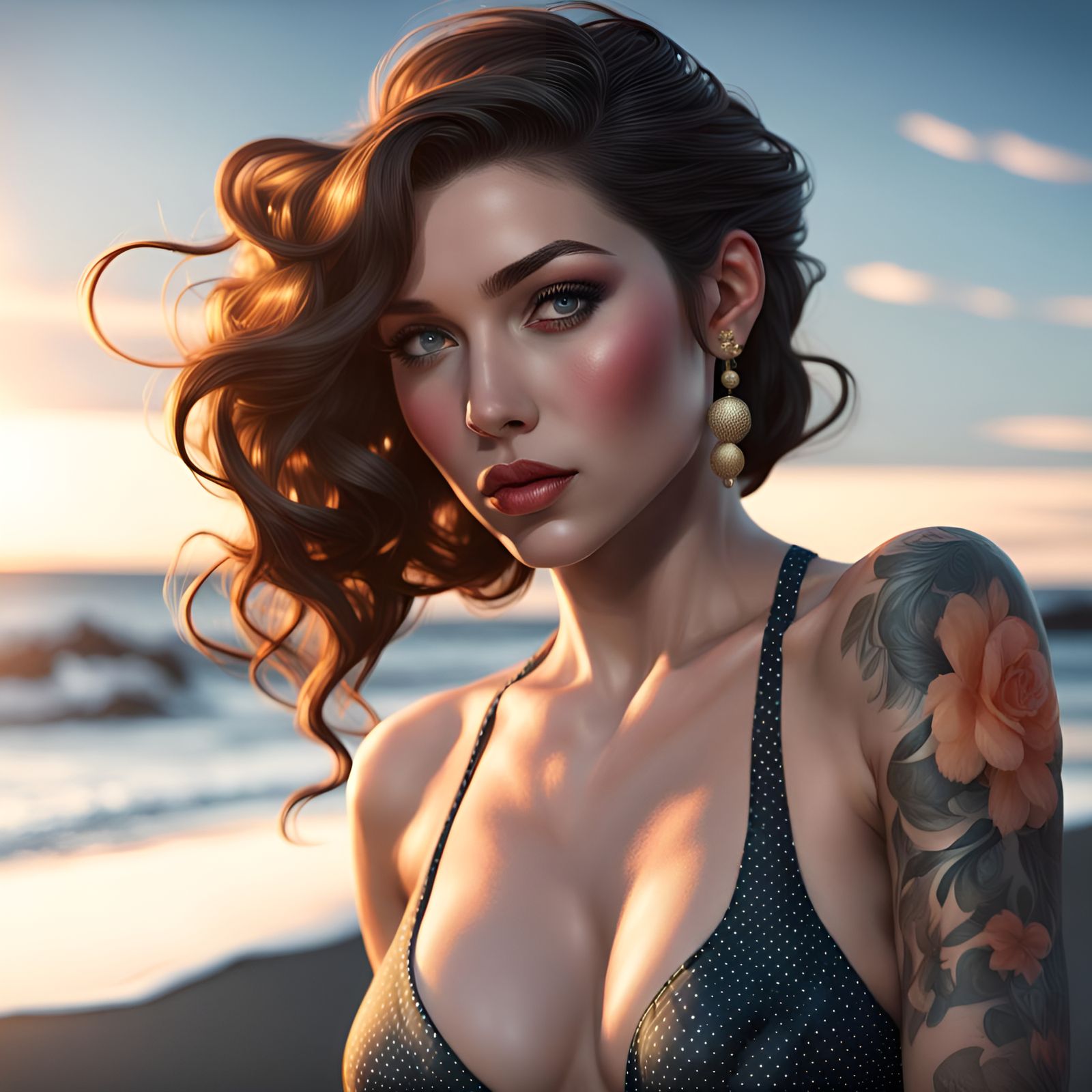 Beautiful Young Pin Up Girl In Vintage Polka Dot Bikini On A Beach With Black Sand Golden Hour 6654