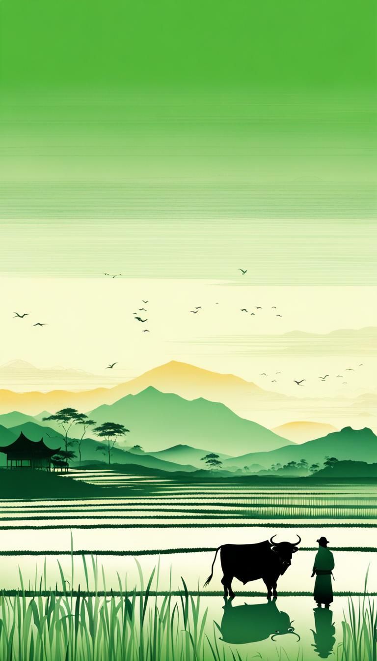 chinese ink painting, minimalism, water buffalo and the peas...