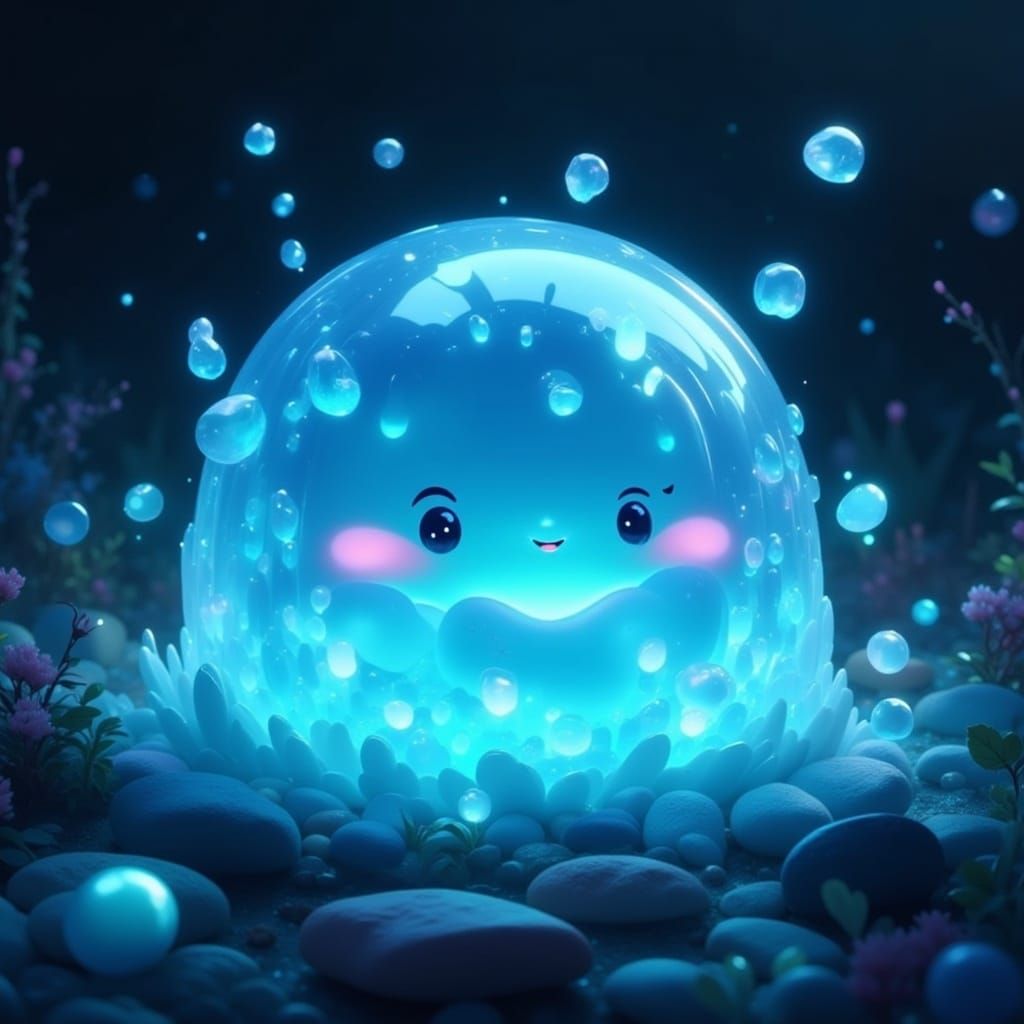 a cute light blue blob of smile with a face on it, in style of <lora:Dreamy Darkness Fx:1.0>, dark mood, moody, dark theme, masterpiece, oct...