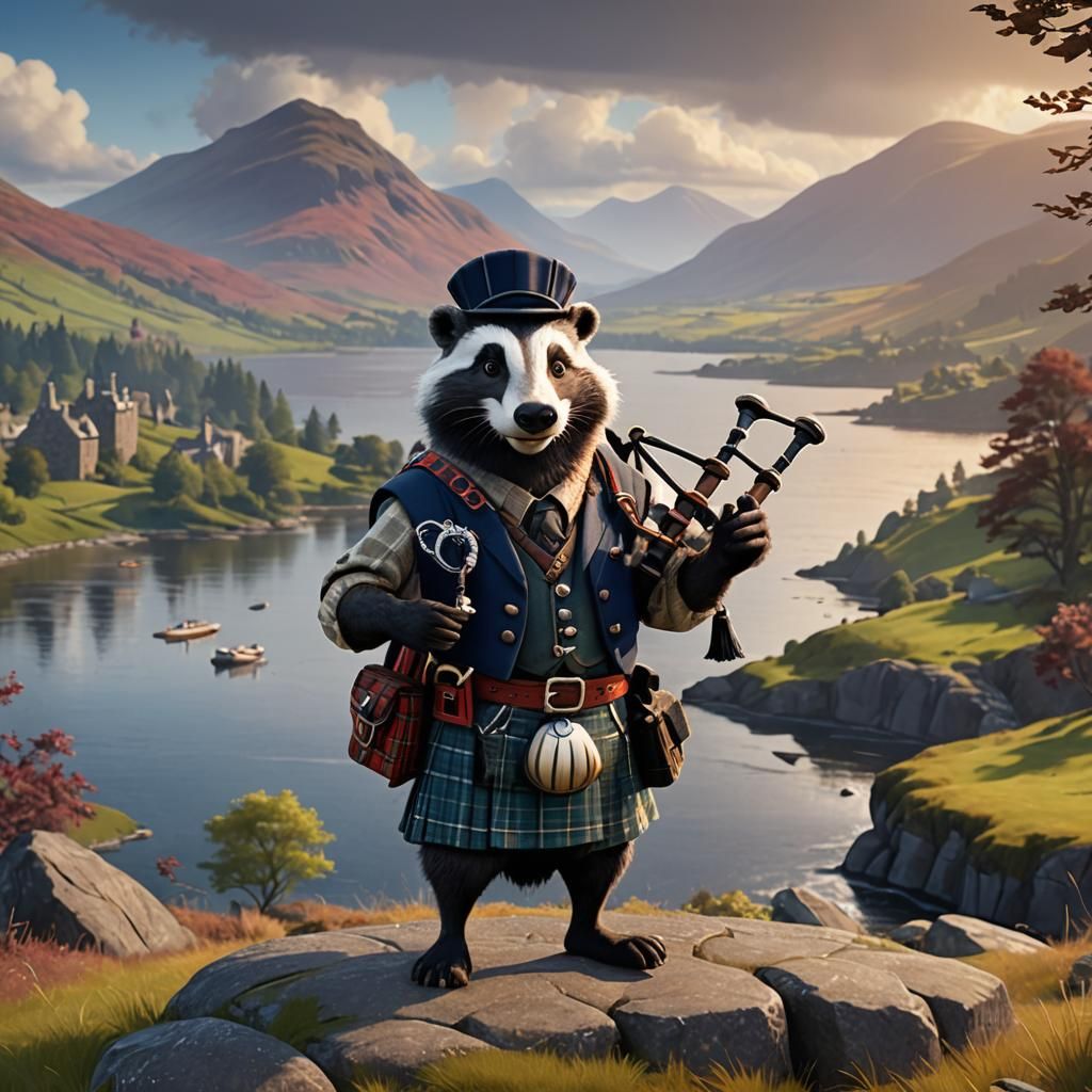 Badger in Scottish Clothing with Bagpipe, 3D Art