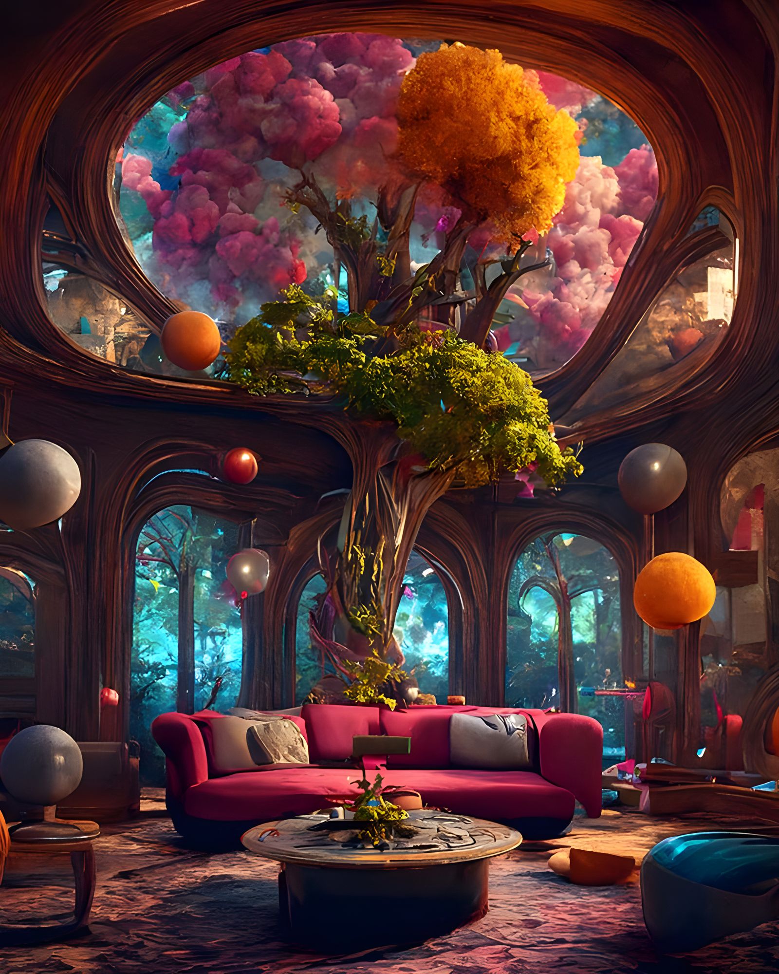 Bohemian Living Room with Tree and Surreal Spheres