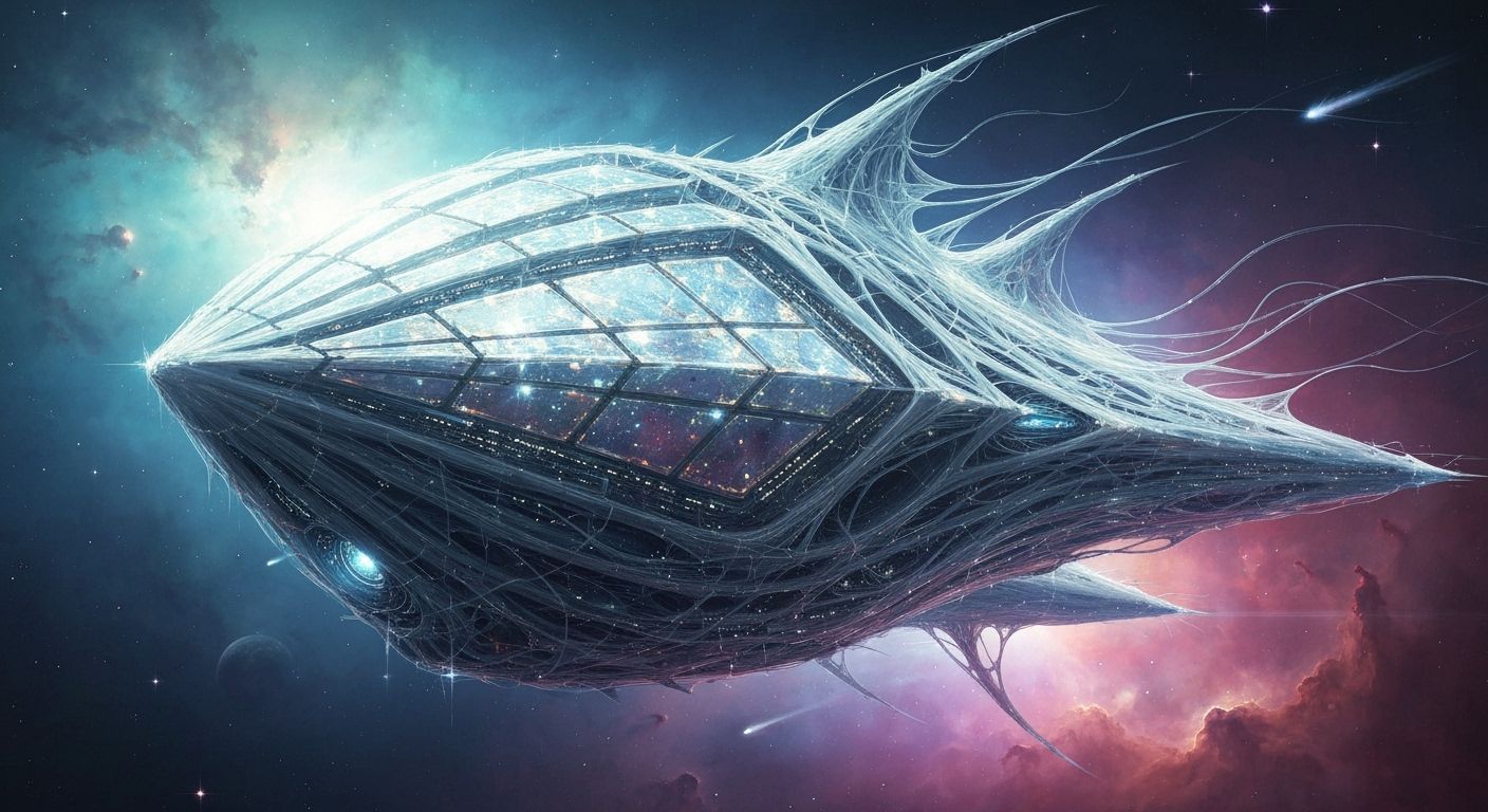 Spiderweb Spaceship

A massive interstellar spacecraft woven entirely from luminous cosmic spiderwebs drifts through a nebula, its gossamer ...