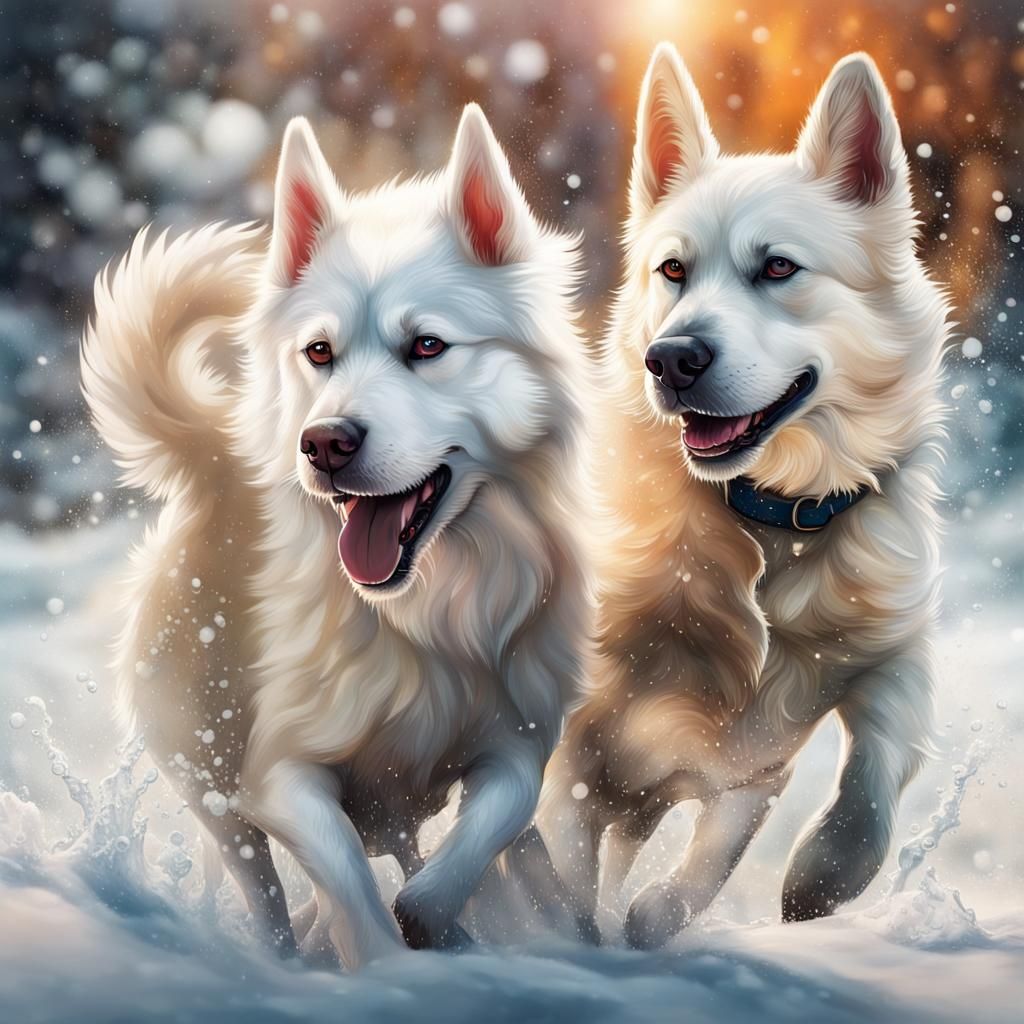 White Husky and white German sheperd splashing in the snow b...