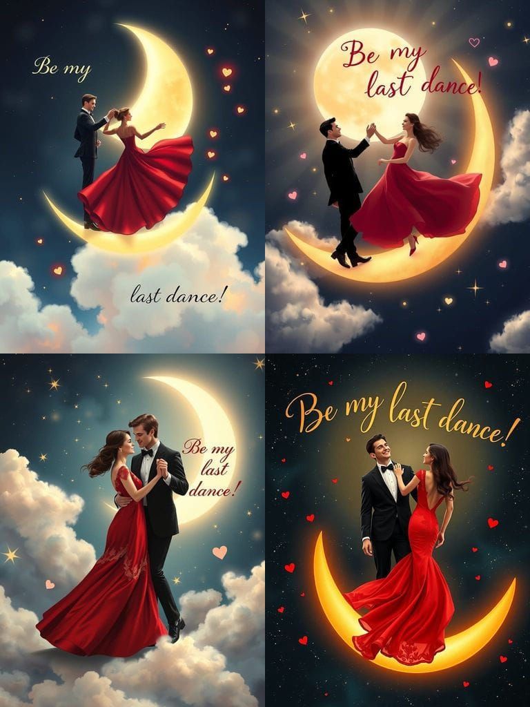 A well-dressed couple dancing gracefully on a crescent moon. The man wears a classic black tuxedo, and the woman wears a...