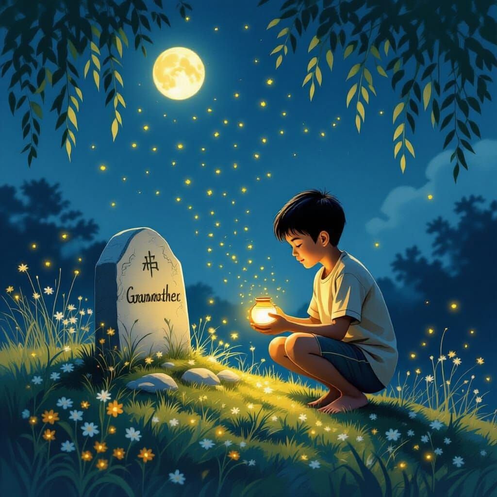 A heartfelt, storybook-style night scene in a quiet countryside field under soft moonlight. A young Hmong boy named Bee, around 9 years old,...