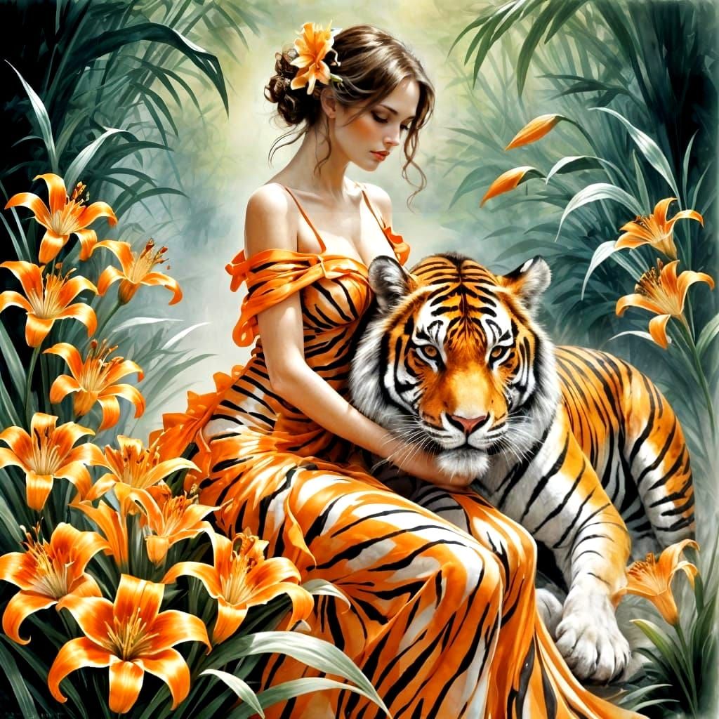 Tiger in the Lilies  by @Shywolf