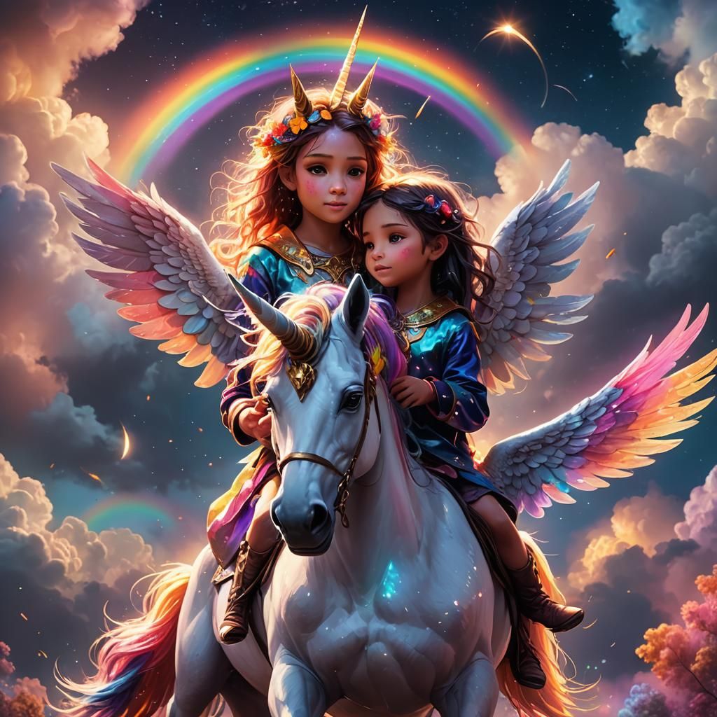 2 little girls on two unicorns in the night sky with rainbow...