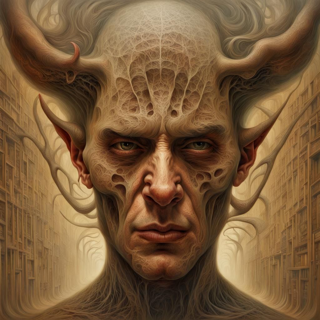 A man morphing into a demon, style of Peter Gric, surrealism...