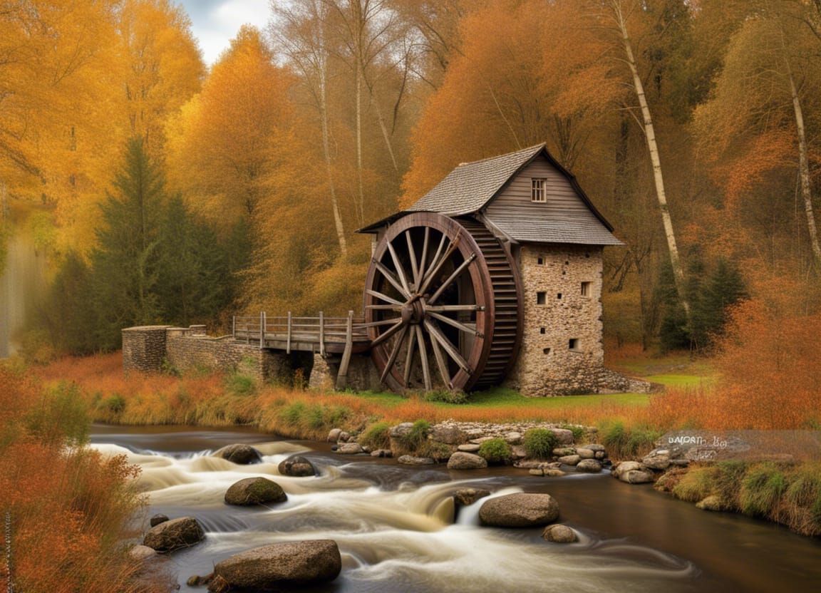 A watermill, river, autumn day, stones, high trees in the bank, wheel ...