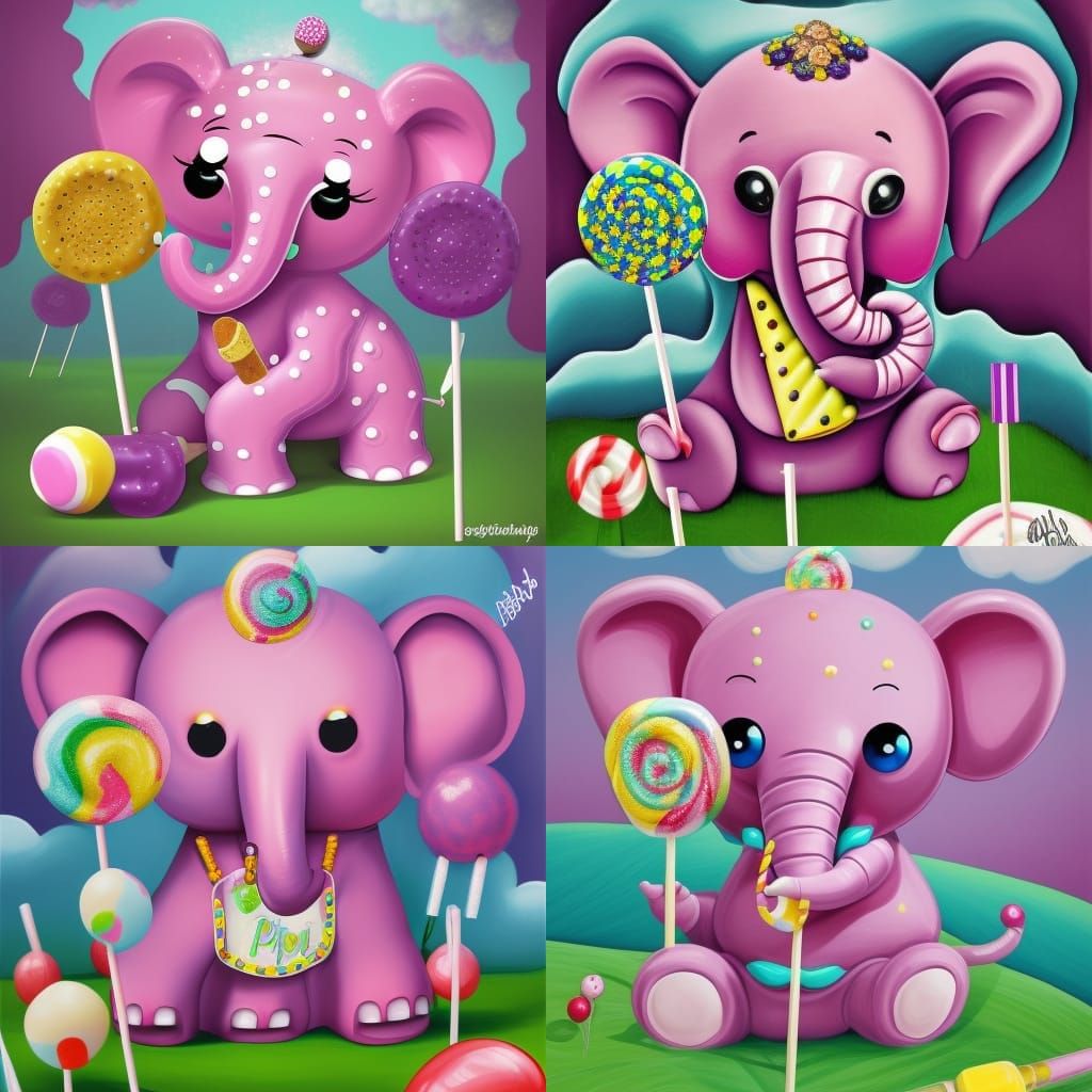 A pink elephant with purple polka dots holding a lollipop AI