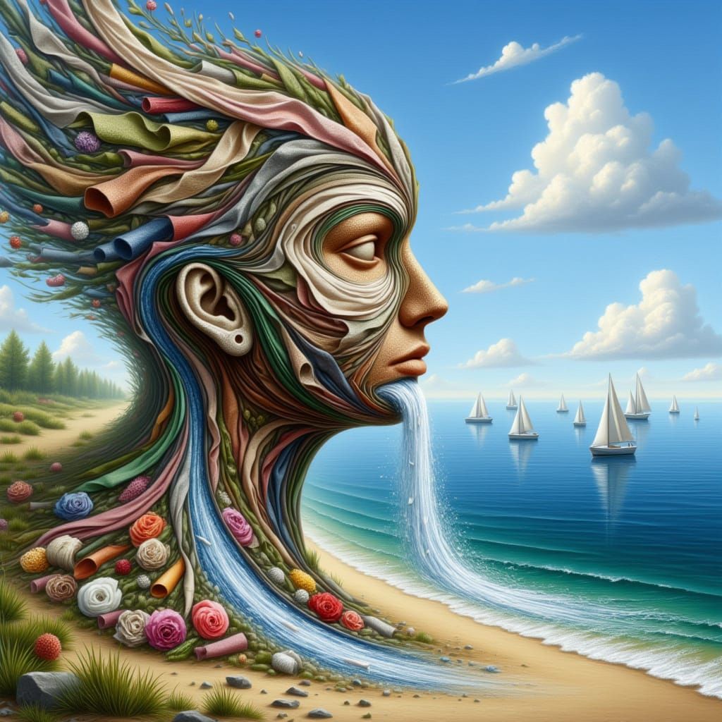 <lora:kak-FabricFace:1.0>frontal Face created entirely of messy junk metals and toilet paper, a waterfall wholly made of flowers is being bo...