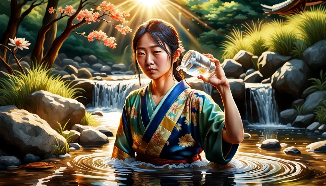 A beautiful morning sun shining on a Japanese woman getting water from the stream of life