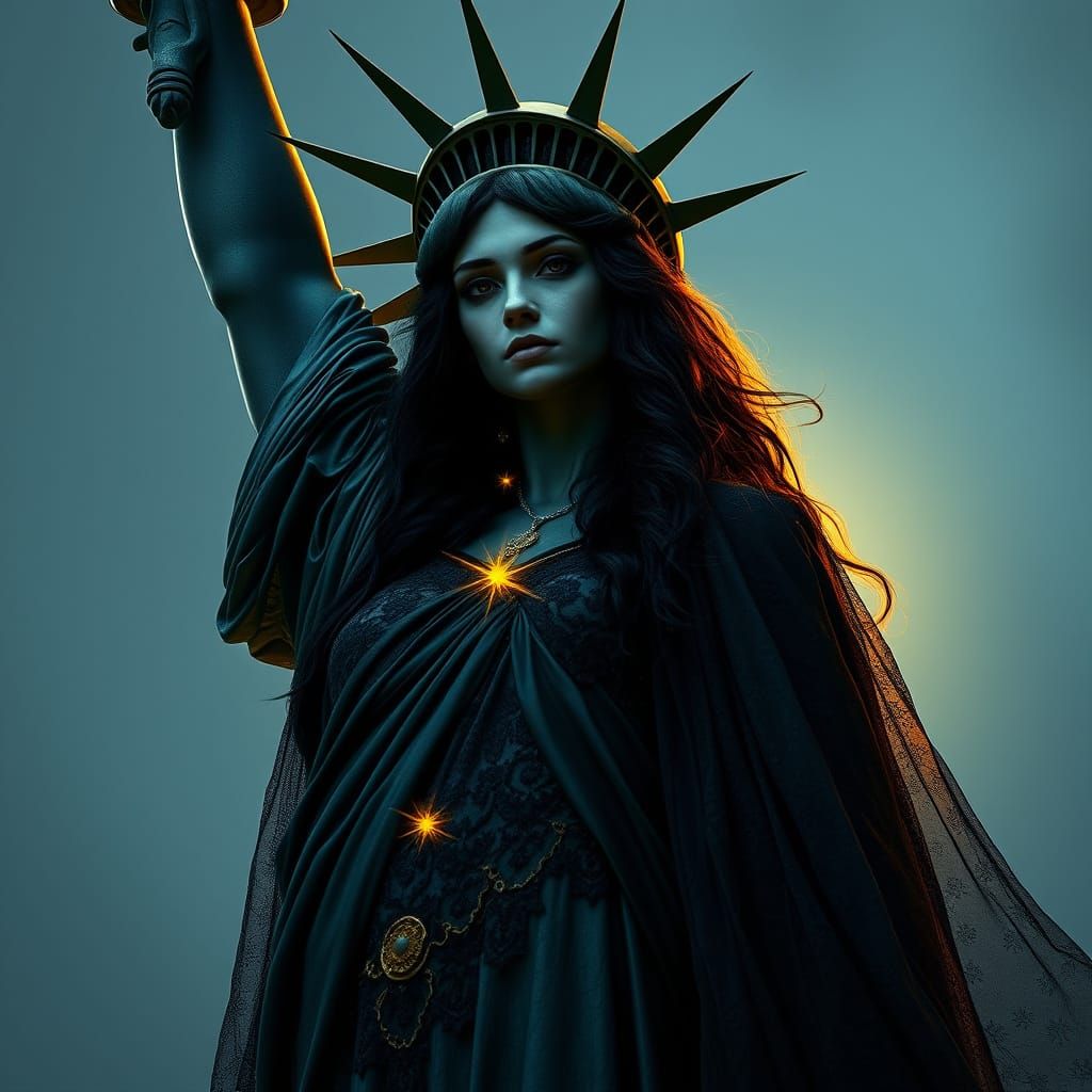 Ethereal Statue of Liberty in Dark, Emoscene-Inspired Aesthe...