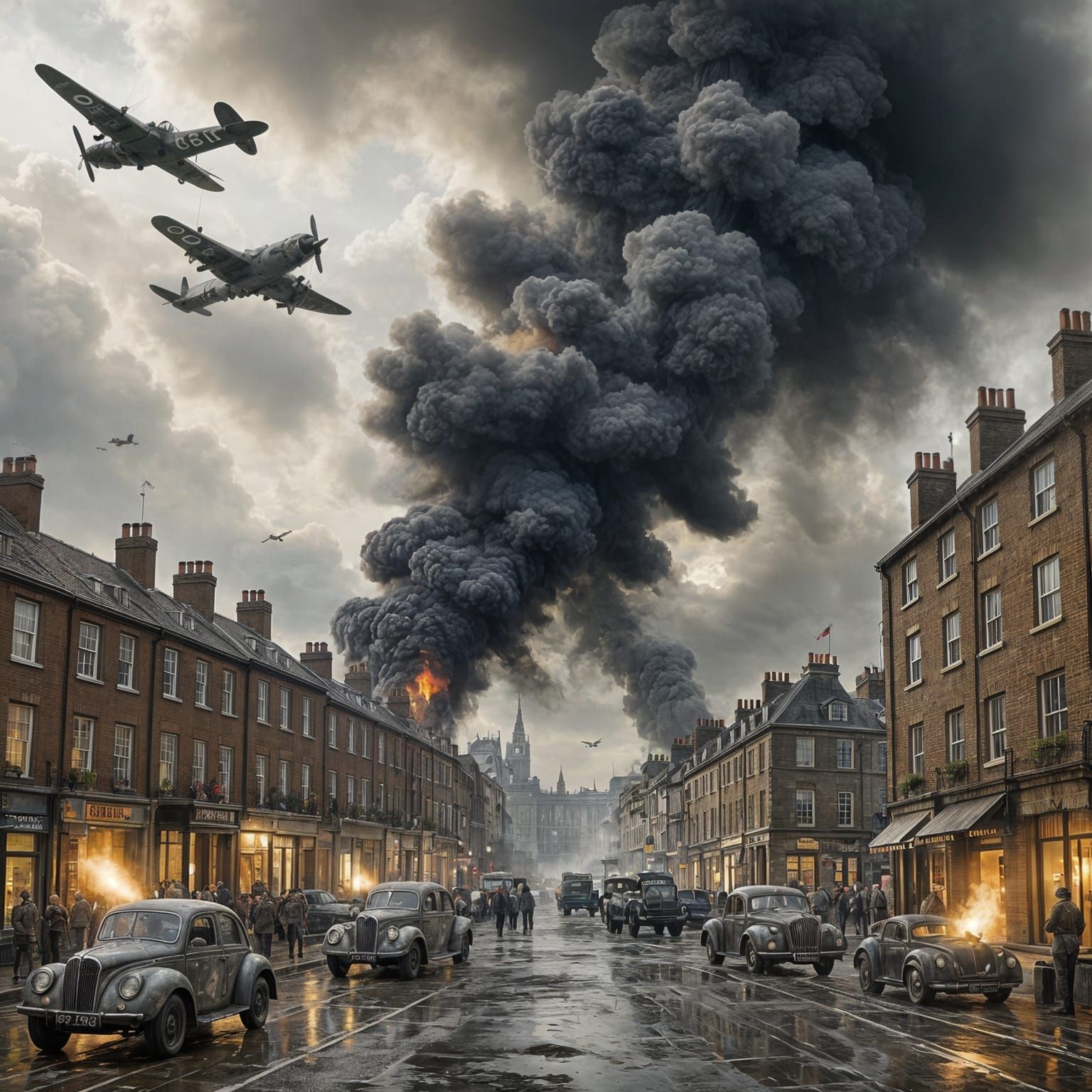 London Blitz: Detailed Oil Painting of Air Raid