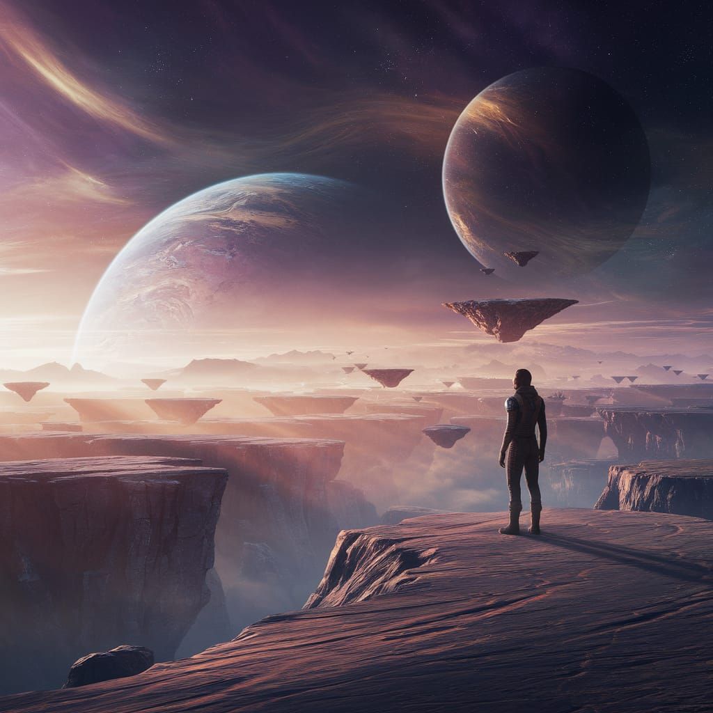 Digital matte painting. Medium shot. A lone explorer stands on a windswept plateau of a Pleiadian planet, gazing at a breathtaking vista of ...