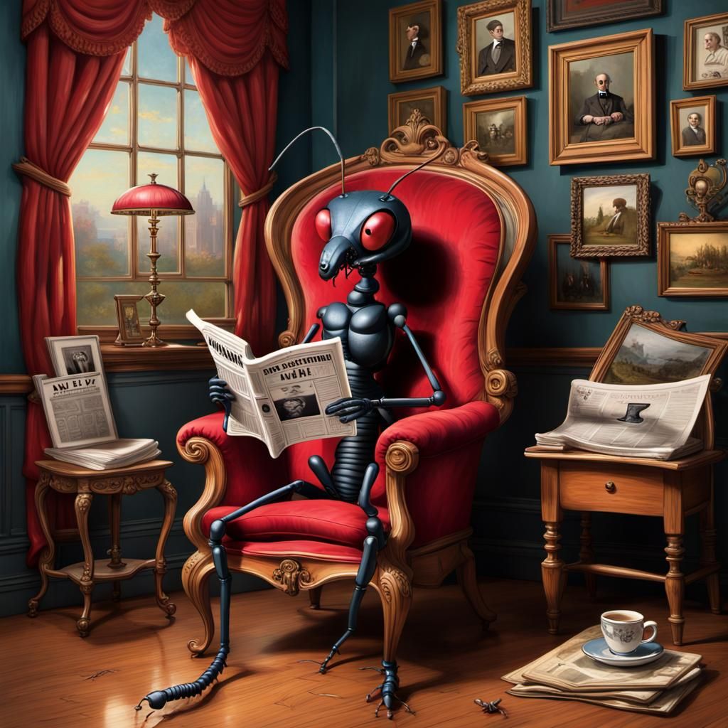 Surreal Victorian Room Scene with Reading Trap Jaw Ant