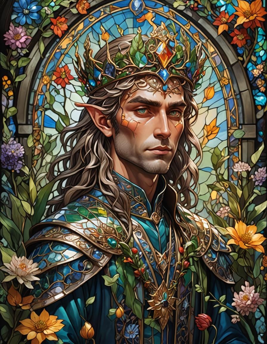 (intricately detailed stained glass portrait of a Elf king with wavy ...