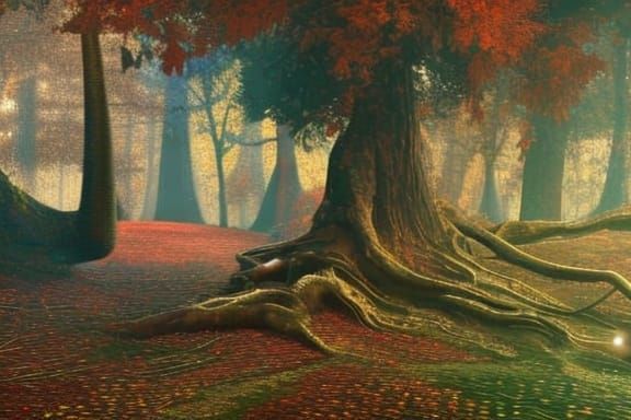 Enigmatic and beautiful Painting of an Elaborate autumn fore...