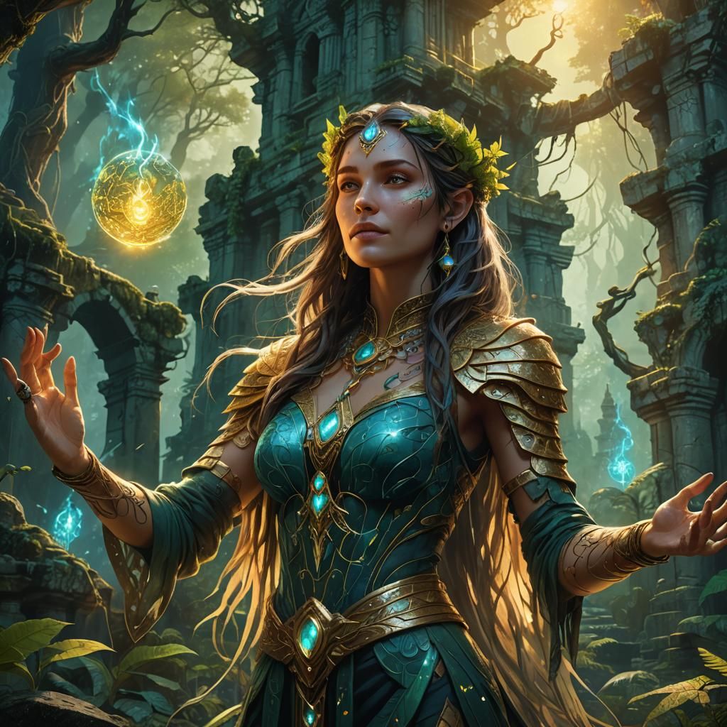 Mystical Sorceress in Glowing Forest Concept Art