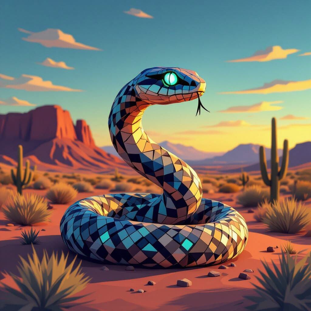 Wildlife & Symbolism): "A stylized, low-poly depiction of a coiled rattlesnake with eyes made of turquoise, set against a desert mesa backgr...