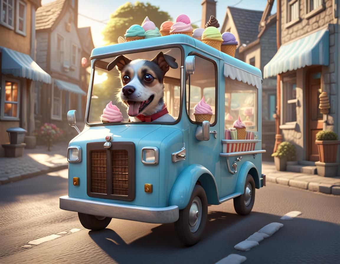 Anthropomorphic Dog, driving an ice cream truck down the street  by @Gaby