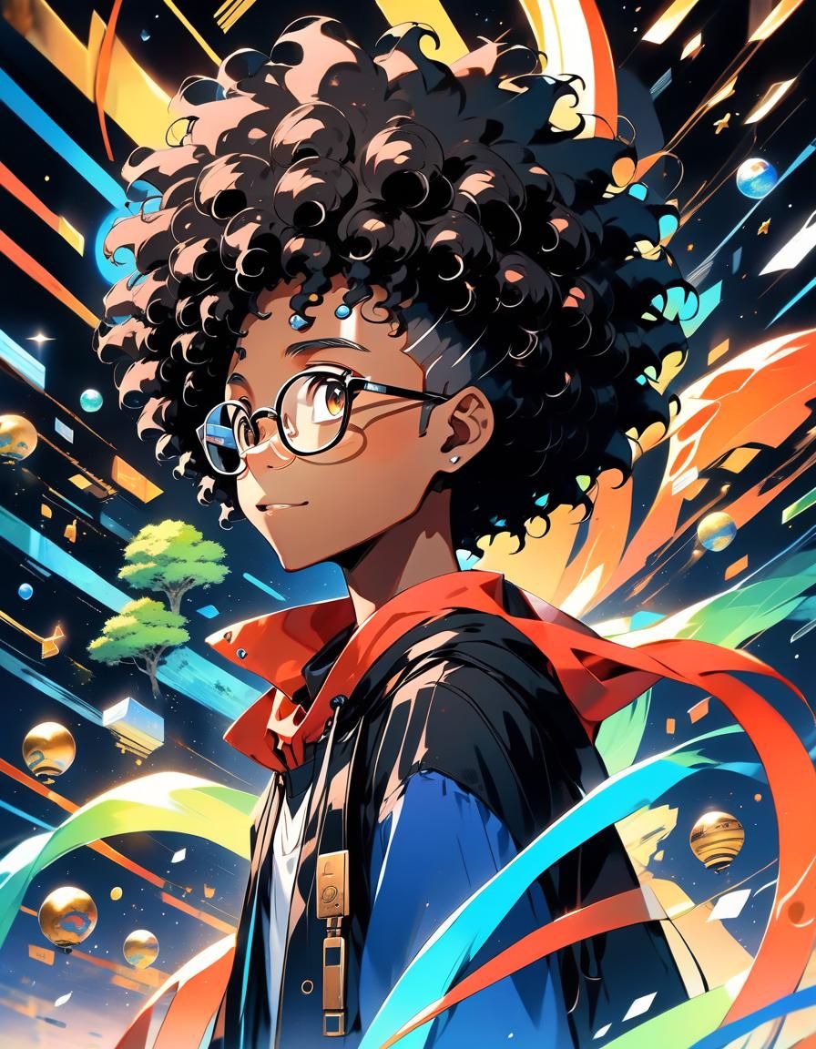 Anime Black Woman and Lion in Enchanted World