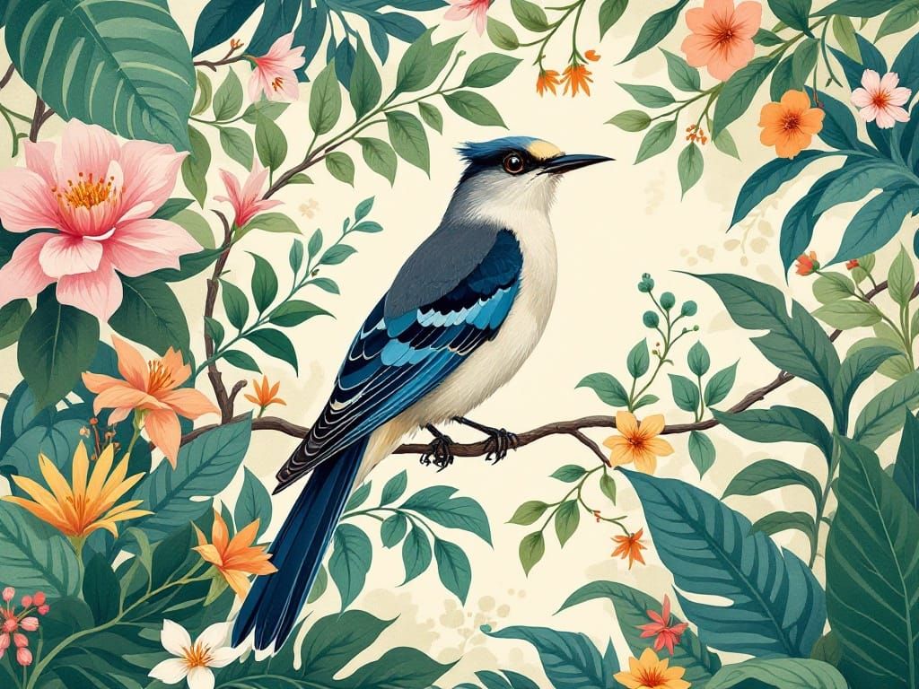 Bird Perched on Delicate Branch in Geometric Wildlife Style