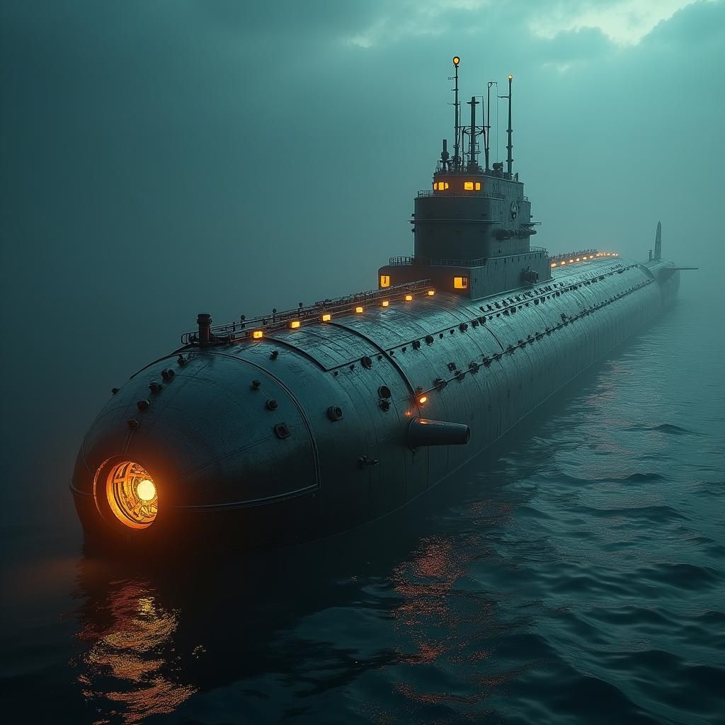 Steel Submarine in Dark Ocean as 3D Render
