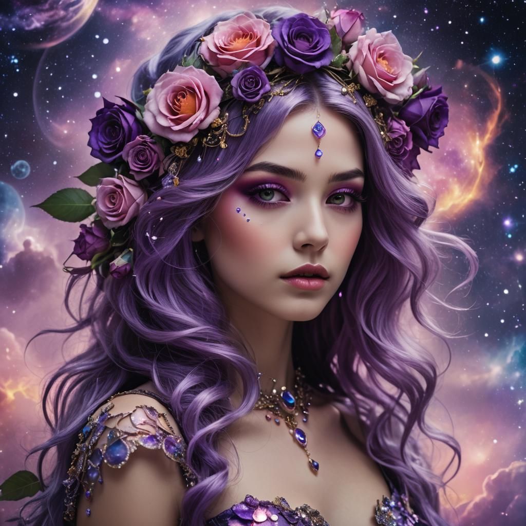 Cosmic epic beauty with purple roses in hair, highres