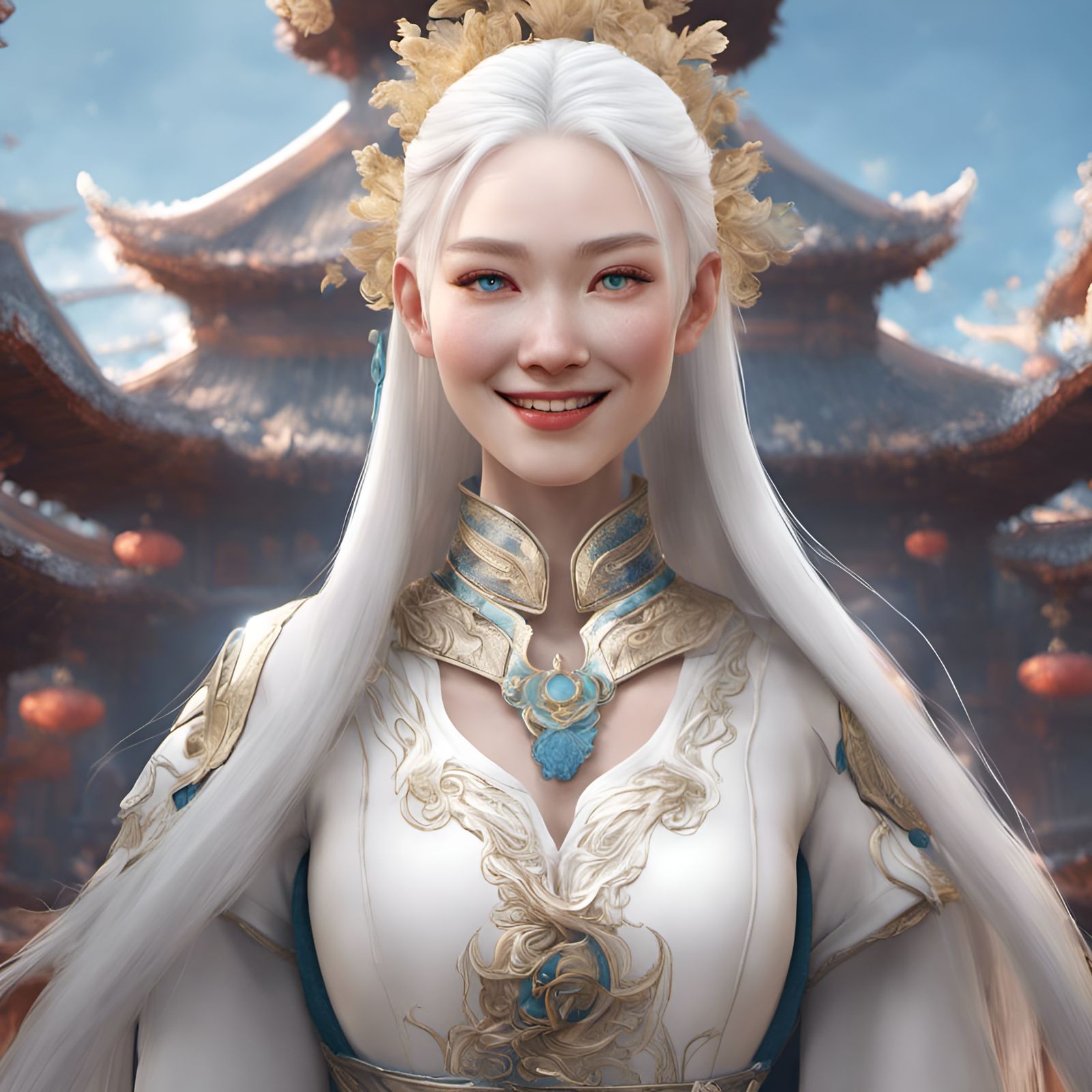 Smiling albino Chinese girl with straight white hair and blu...