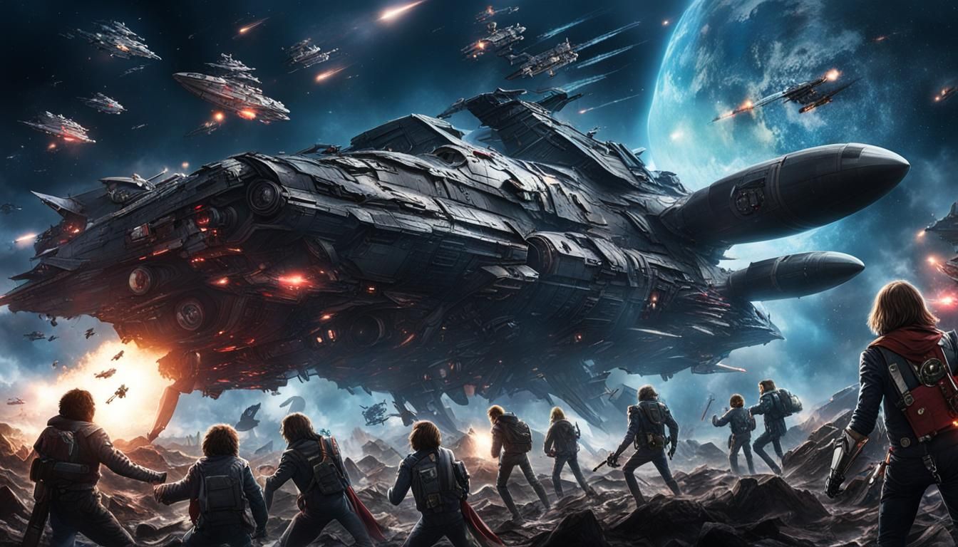 Captain Harlock and crew fighting in space battle, photoreal...