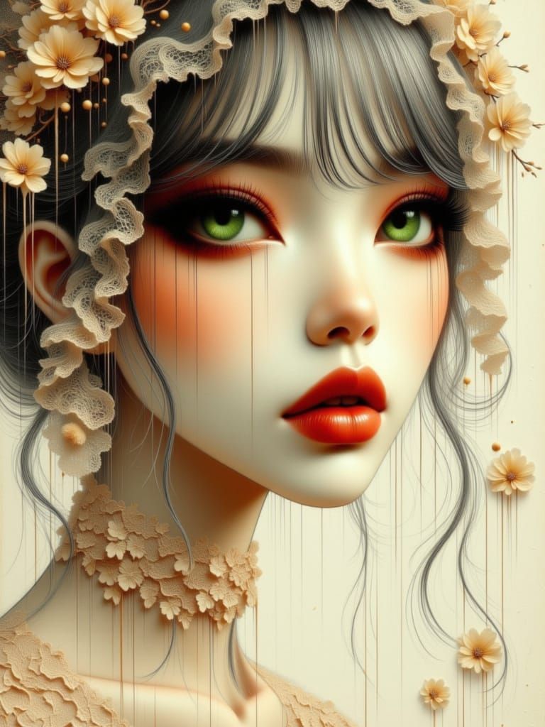 <lora:PetalsGrave:1.0> <lora:Moonchild:1.0> <lora:Muted Beauty:1.0> <lora:SlurpCore:1.0> Girl with a face lace veil, red lips, green eyes, s...