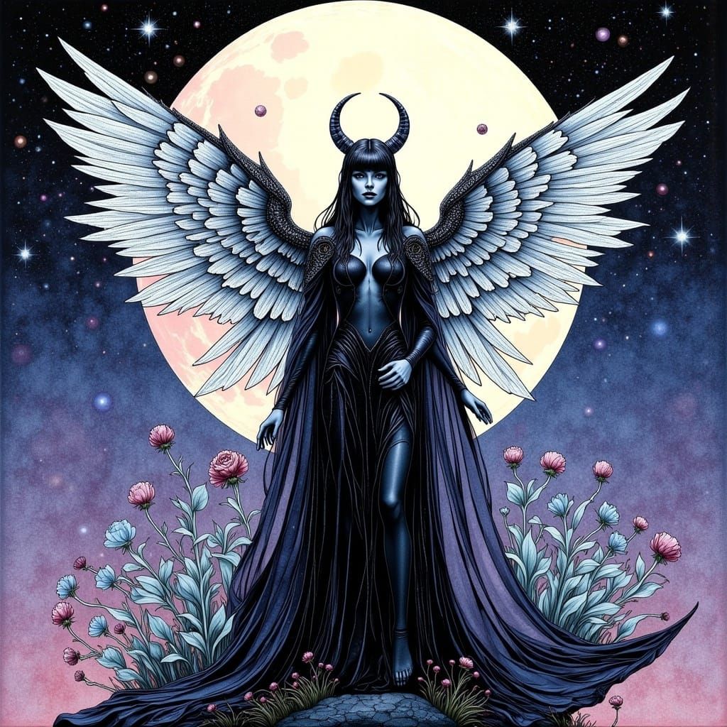 <lora:Bold:1.0>  Full length alcohol ink study Harry 
Clarke and Alberto Vargas style epic bold scene, surrealism and Mystical dark angel wi...