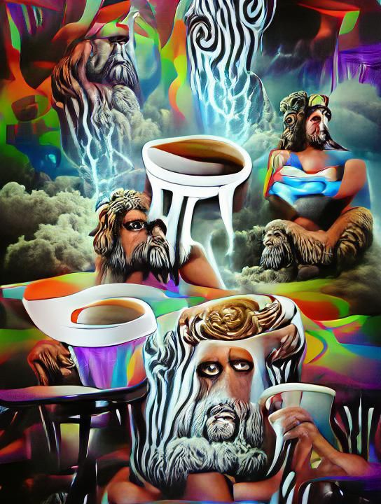 Zeus sits down for a cup of coffee poster art psychedelic lo...