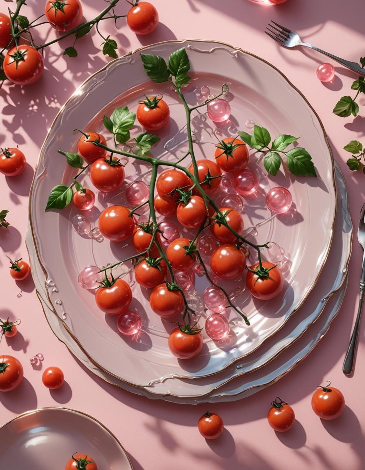 Branch with glass tomatoes on a plate sunlight glare pink background