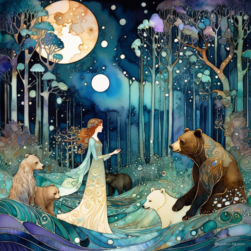 watercolor illustration ;alcohol ink, opalescent mother of pearl fractal; wave function; Zentangle; Young girls meeting a friendly bear up c...