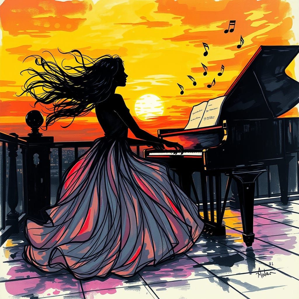 Woman Plays Piano on Windswept Terrace at Sunset