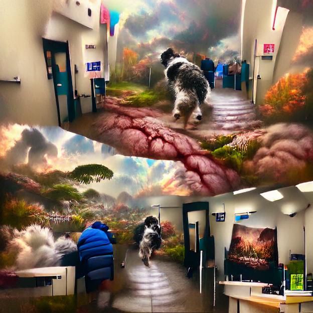 My dog fighting his way into the vet's office to get his cro...