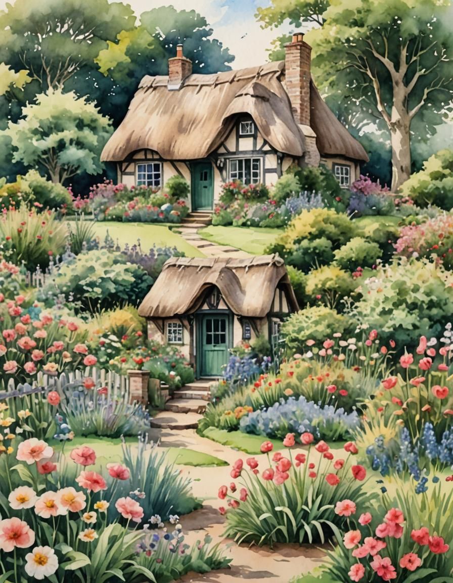 thatched small single story english cottage garden watercolo...